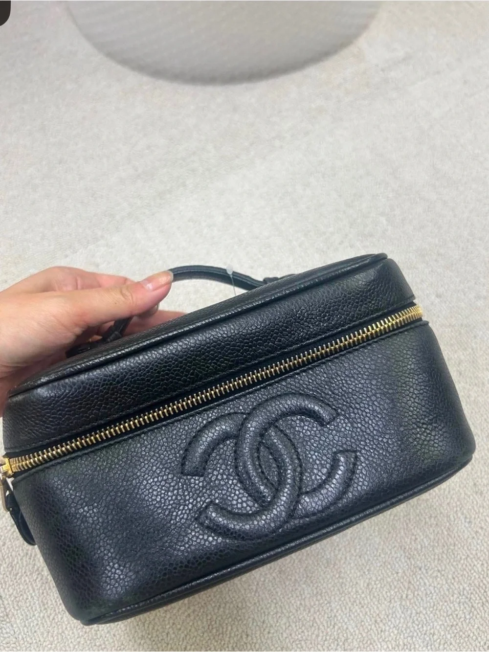 CHANEL Black Caviar Leather Vanity Case with Gold Hardware Accent